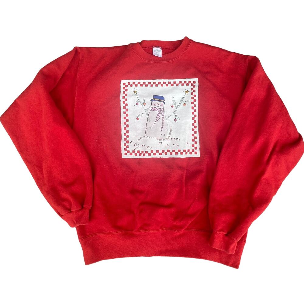 Vtg Bath & Body Works women one size Snowman Sweater Red Made in USA Christmas